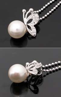 Women Lady Girl Butterfly Imitation Pearl Earrings & Necklace Jewelry 