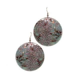  Flower Stamped Round Patina Earrings, Blue green: Jewelry