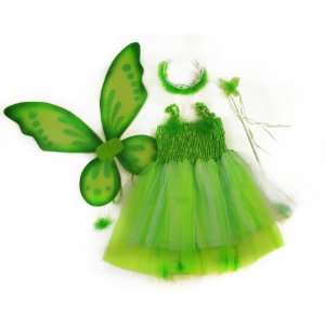  Kids Green 4 Pc Fairy Pixie Costume with Dress, Wand, Pixie 