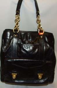 Coach POPPY Pushlock Camelia Leather Black Tote Bag Purse Handbag 