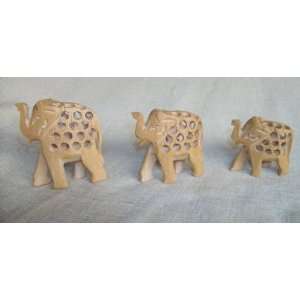  Hand Carved, Wooden, Asian Elephants   Set Of Three 