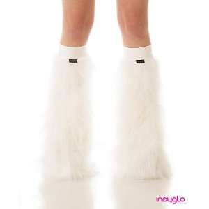 White Fluffy Leg Warmers with White Kneeband   Rave Costume Fluffies