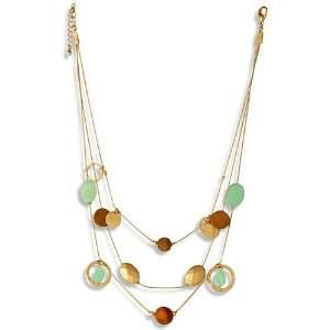  Goldtone Glass and Wood Bead Triple strand Necklace 