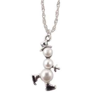   Silver Ice Skating Snowman Pearl Pendant w/ Rope Chain Holiday Jewelry