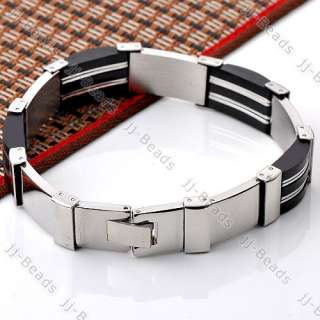 1pc Mens Silvery Stainless Steel Clasp Black Rubber Bangle Bracelet 8 