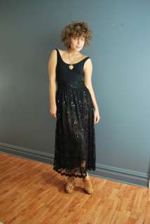 Vintage 80s sheer black lace scalloped sequin beaded midi/maxi skirt 