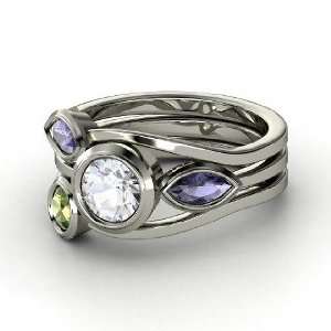 Vine Ring Set, Round White Sapphire Sterling Silver Ring with Iolite 
