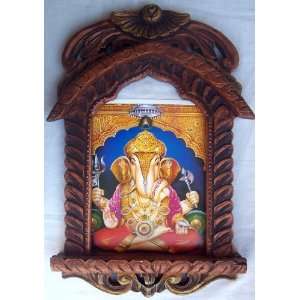Lord Ganesha with his weapon Poster Painting in Wood Craft Jharokha 