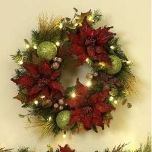   Wreath   24 Pre lit Floral Poinsettia Battery Operated LED Wreath, 25