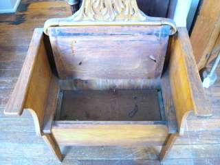 Antique Petite Oak Hall Tree Seat Stand w Cast Iron Coat Hooks 
