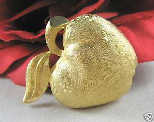 Vintage Coro Textured Gold tone Apple Pin CAT RESCUE  