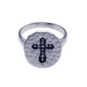    Sterling Silver Hammered Oval With Cross Ring Size 9: Jewelry