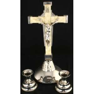  Art Deco French Standing Crucifix Pair Candlesticks Pax 