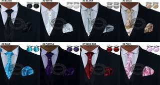 Mens Tuxedo Cravat tie Hanky Cufflinks set 8 Solid Plain Colour PICK 