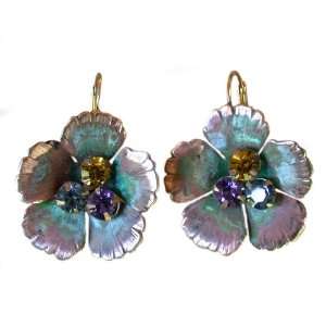 Verdigris Patina Brass Sculptural Flower Earrings   Swarovski Crystals
