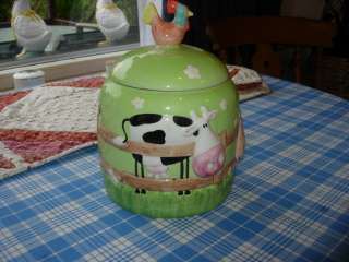 RETRO COMICAL COW SHEEP AND PIG POTTERY BISCUIT COOKIE JAR  