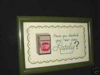BEAUTIFUL completed NEEDLEPOINT HAVE YOU CHECKED YOUR REAR VIEW 