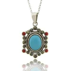  Sterling Silver Marcasite Oval Synthetic Turquoise and Red 