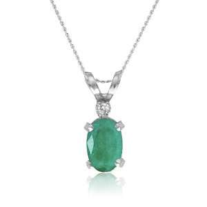  14K White Gold Oval Emerald and Diamond Pendant 18 Chain 
