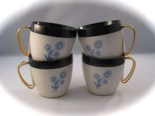 Vintage 60s Blue Retro Flower Insulated Mugs Set of 4 NEAT  