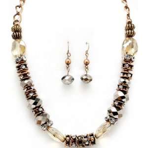    Red Gold Tone Clear Crystal & Glass Earrings Necklace Set Jewelry
