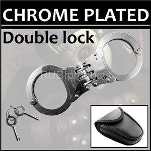 REAL Handcuffs CHROME Double Lock HINGED Police Hand Cuffs W/ 2 Keys 