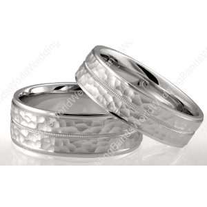 His and Her Wedding Ring Set 7.00mm and 5.00mm Wide, Hammered Finish