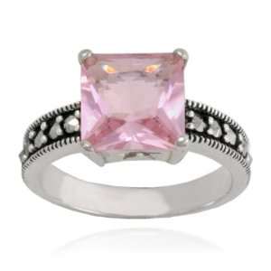  Sterling Silver Marcasite and Pink Glass Square Ring, Size 