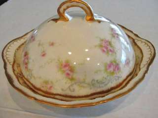   LIMOGES 340 ROSES DOUBLE GOLD ~3 PIECE BUTTER DISH ~ROMEO BLANK  