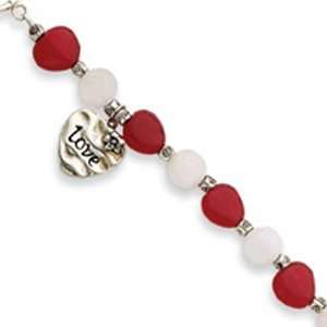   Silver Strawberry/Rose Quartz Antiqued Love Heart Bracelet: Jewelry
