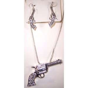   REVOLVER GUN Metal Necklace and Dangle Earrings with Crystals Jewelry