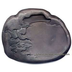   Chinese Ink Stones: Carved Chinese Duan Ink Stone in Silk Box   Crane