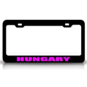 HUNGARY Country Steel Auto License Plate Frame Tag Holder, Black/Pink