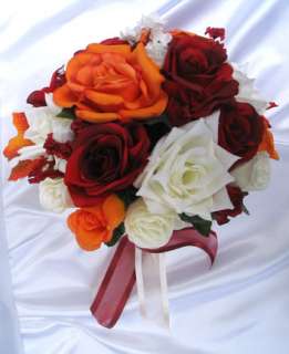 21pc Bridal Bouquet wedding flowers FALL RED/ORANGE  