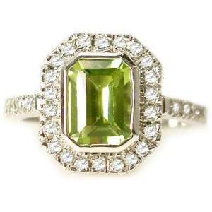 18K White Gold Emerald Shape Peridot Color Stone Ring, Enhanced With 