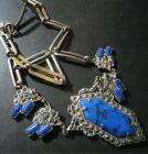 Art Deco Blue Glass & Marcasite Necklace! Czech signed! Silver Tone 