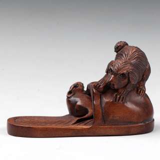 Handwork Boxwood Netsuke Wood Carving Dog Mouse on Shoe  
