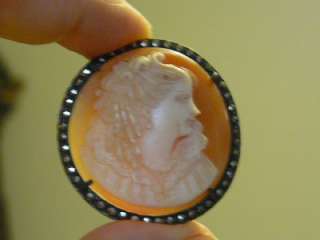   VICTORIAN CARVED SHELL CAMEO WITH MARCASITE FRAME STERLING PIN PENDANT
