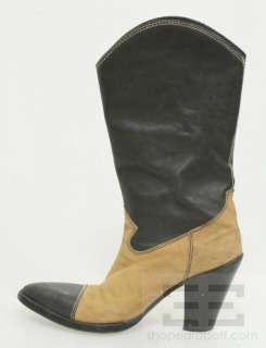Chanel Black Leather & Tan Suede Stacked Heel Monogram Western Boots 