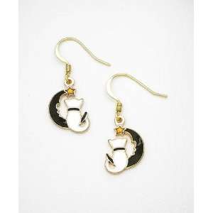  White Cat and Black Moon French Wire Earrings Jewelry