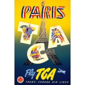  1951 POSTER Paris fly TCA, Trans Canada Air Lines: Home 