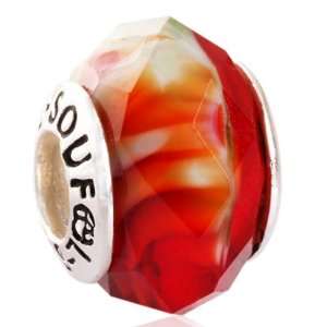   Pale Red Fantasy Stripes Cut Ste Murano Glass European Beads: Jewelry