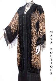 Fringe Jacket Kimono Burnout Velvet Beaded Spider Black  