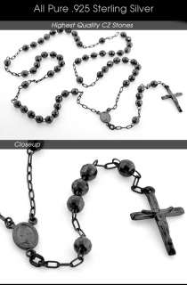 New BLACK .925 Sterling Silver Rosary Chain w. Crucifix  