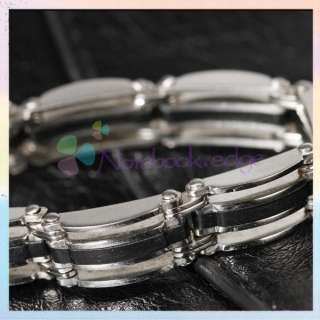 Mens Black Silver Rubber Stainless Steel Chain Bangle Bracelet 