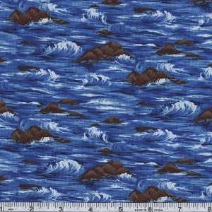  45 Wide Doom of the Sea Crashing Waves Blue Fabric By 