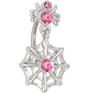  Spider and Web Dangle Passion Pink Gem Belly Button Ring 