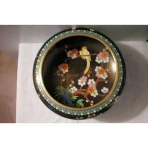 Oriental Enameled Metal Decorated 10 Bowl with Wooden Base    Marked 