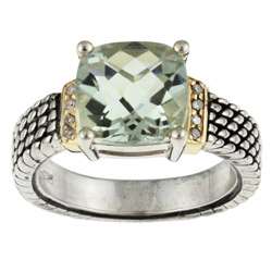   14k Gold and Silver Green Amethyst and Diamond Ring  
