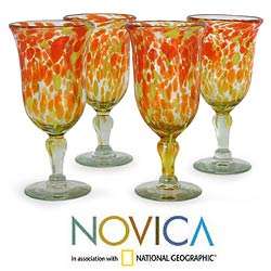 Set of 4 Blown Glass Sun Celebration Goblets (Mexico)   